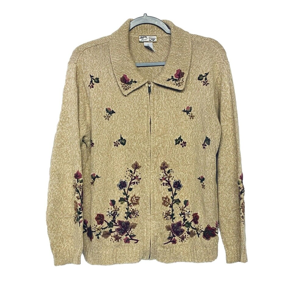 Heirloom Collectibles Zip Up Cardigan Sweater Embroidered w Beaded Accents L